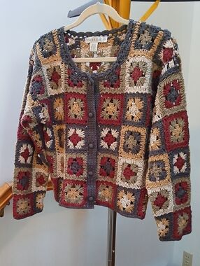 Tweeds Linen Cotton Button Front Vintage Crocheted Cardigan Sweater